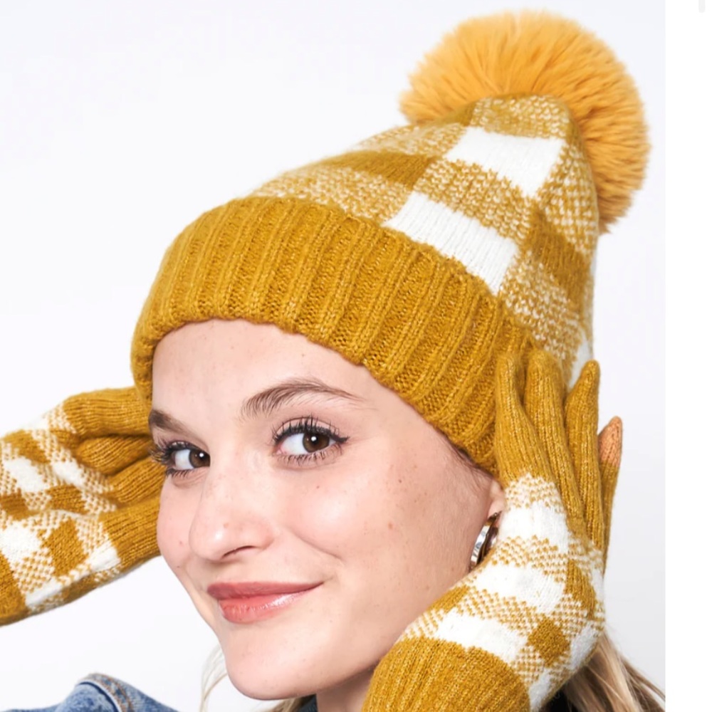 Buffalo Check Mustard Beanie With Pom NWT